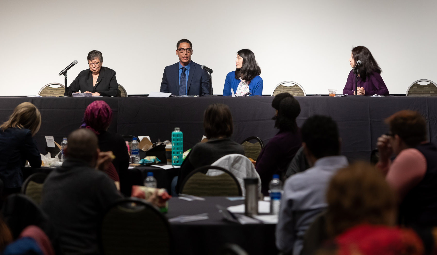 Following the screening and discussion, representatives from several of DePaul's employee resource groups including MERG, ELEVATE, LEAD and the DePaul Women's Network responded to questions about how they work to serve DePaul's diverse community. (DePaul University/Jeff Carrion)